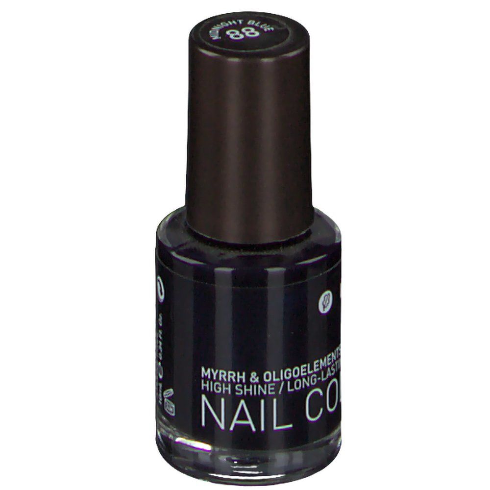 Dunkelblauer Nagellack von Korres. Flasche mit schwarzem Deckel. Aufschrift: 88 Bright Blue, NAIL COLOUR.