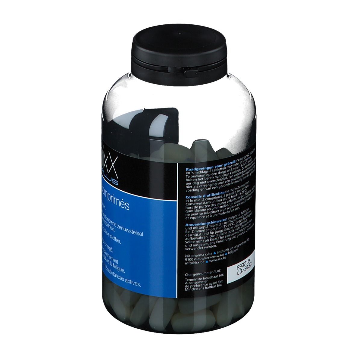 Rückansicht der Flasche mit schwarzem Deckel. Blaues Etikett mit Text. Tabletten im Inneren.