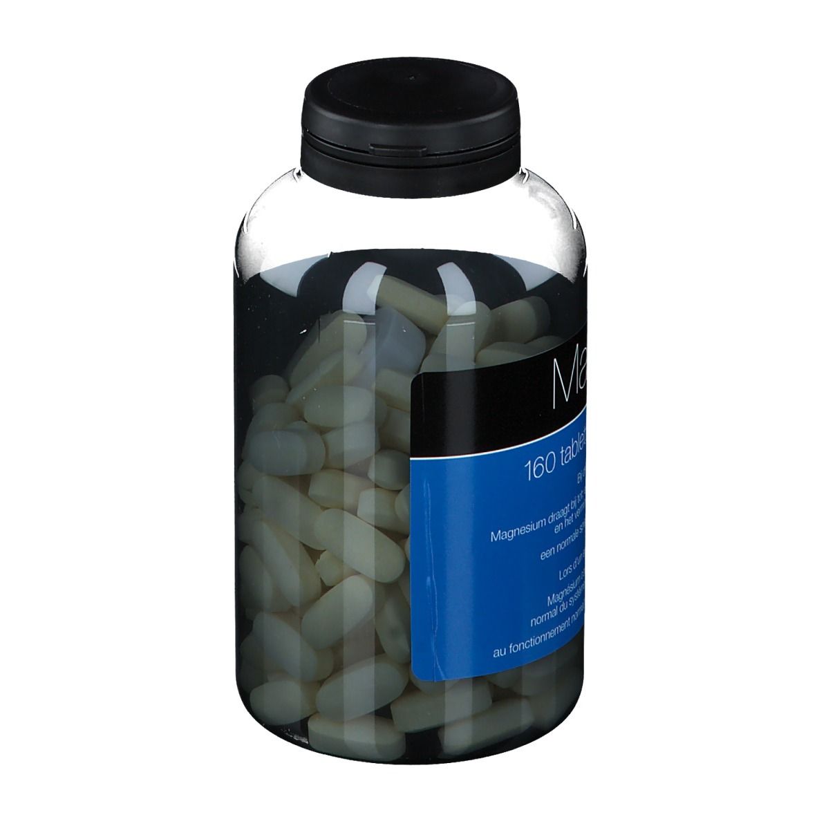 Klare Flasche mit schwarzem Deckel. Blaues Etikett mit "MagnixX PLUS" und 160 Tabletten. Tabletten im Inneren.