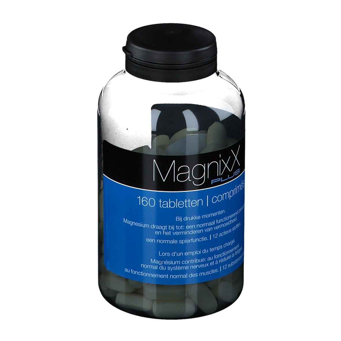 Klare Flasche mit schwarzem Deckel. Blaues Etikett mit "MagnixX PLUS" und 160 Tabletten. Tabletten im Inneren.