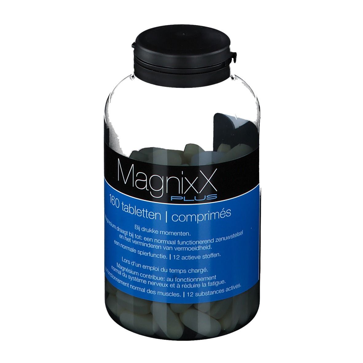 Klare Flasche mit schwarzem Deckel. Blaues Etikett mit "MagnixX PLUS" und 160 Tabletten. Tabletten im Inneren.