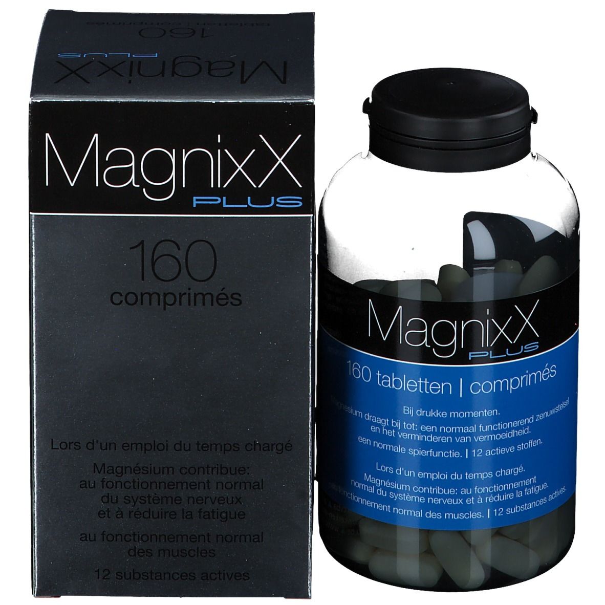 Flasche und Schachtel. Flasche mit schwarzem Deckel, blauem Etikett, Tabletten. Schachtel mit "MagnixX PLUS".