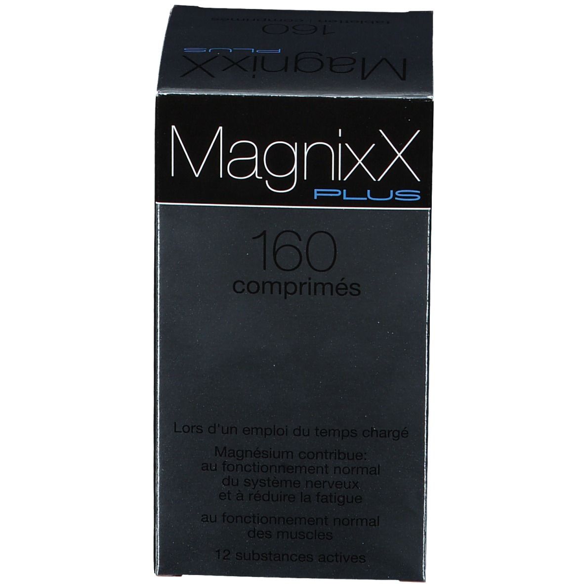 Schwarze Schachtel mit "MagnixX PLUS" und 160 Tabletten. Text auf der Schachtel.