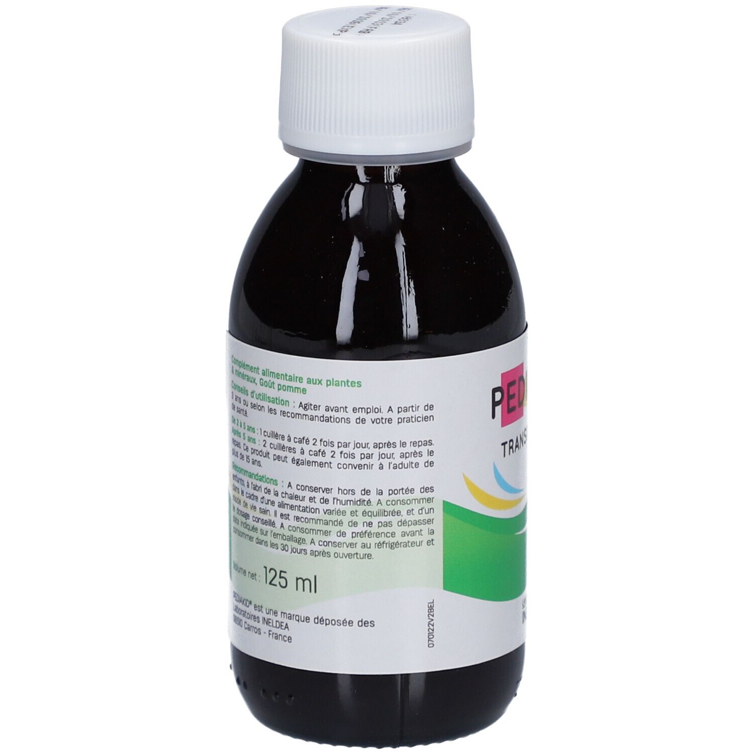 Flasche mit brauner Flüssigkeit und weißem Deckel. Aufschrift: Pediakid Transit Doux. Rückseite mit Text und Etikett.