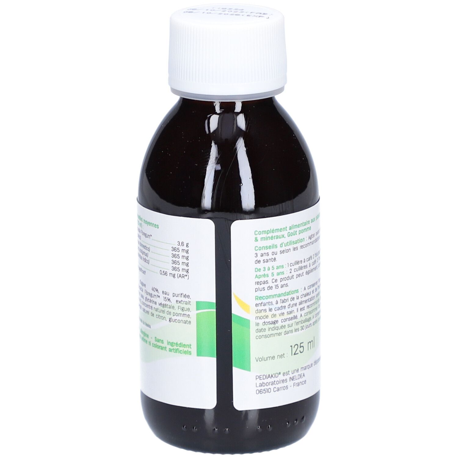 Flasche mit brauner Flüssigkeit und weißem Deckel. Aufschrift: Pediakid Transit Doux. Rückseite mit Text und Etikett.