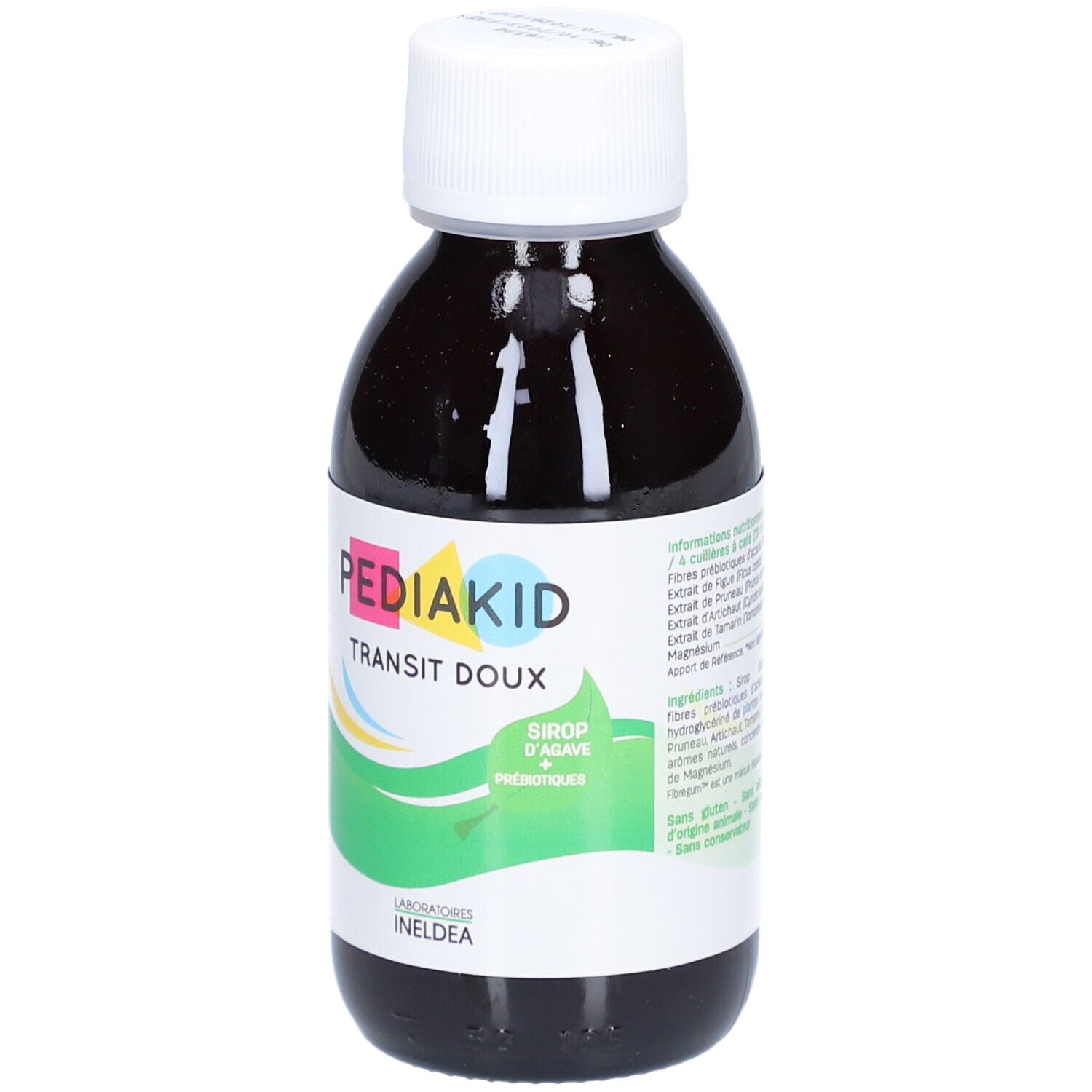 Flasche mit brauner Flüssigkeit und weißem Deckel. Aufschrift: Pediakid Transit Doux. Rückseite mit Nährwertangaben.