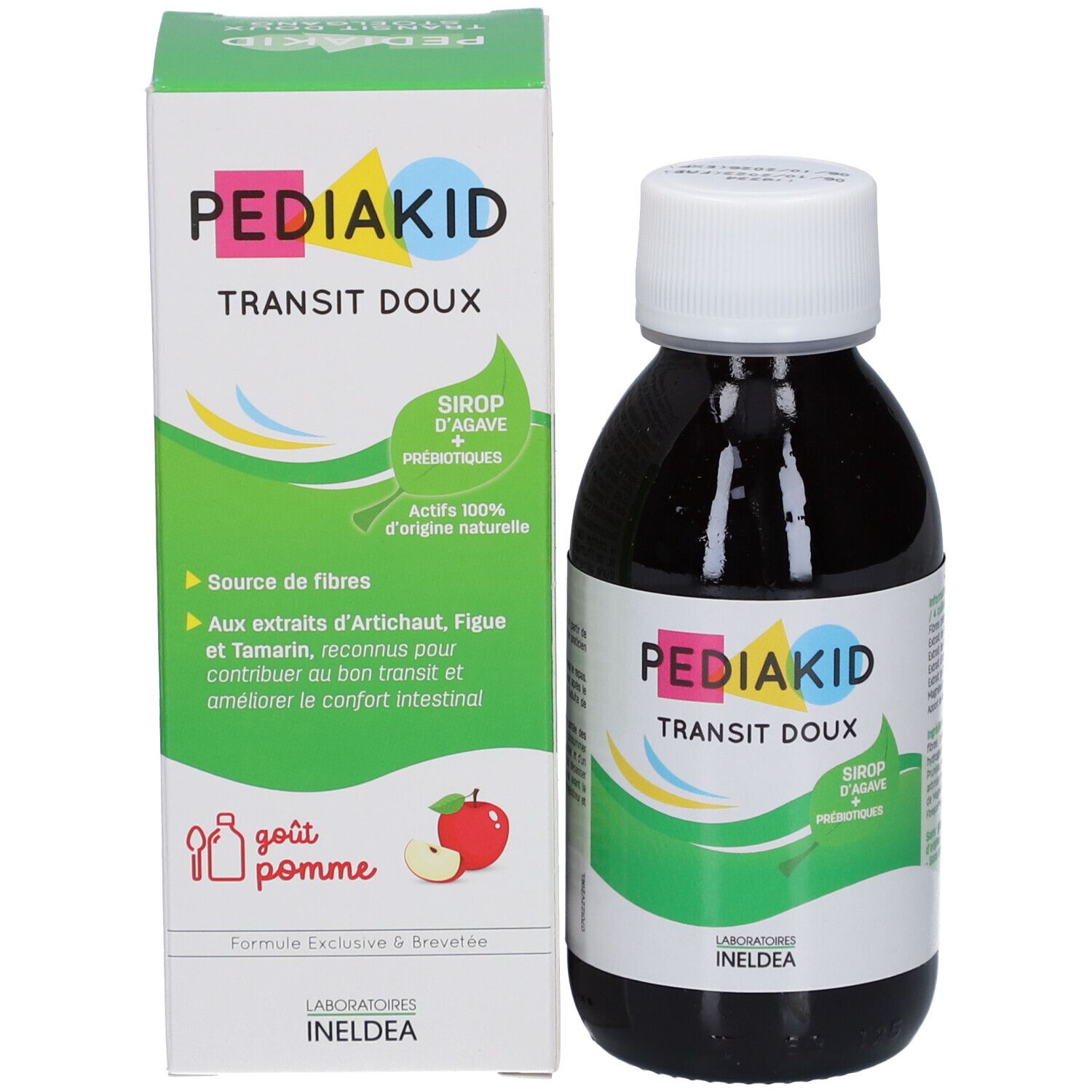 Flasche und Schachtel. Aufschrift: Pediakid Transit Doux. Schachtel mit Text und Abbildungen. Flasche mit weißem Deckel.