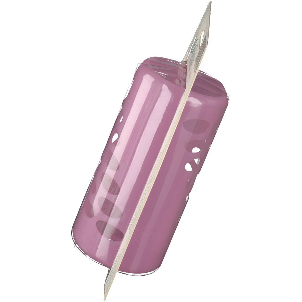 Manchon de protection rose avec ouvertures ovales, fixé sur une carte en carton. Vue de côté.