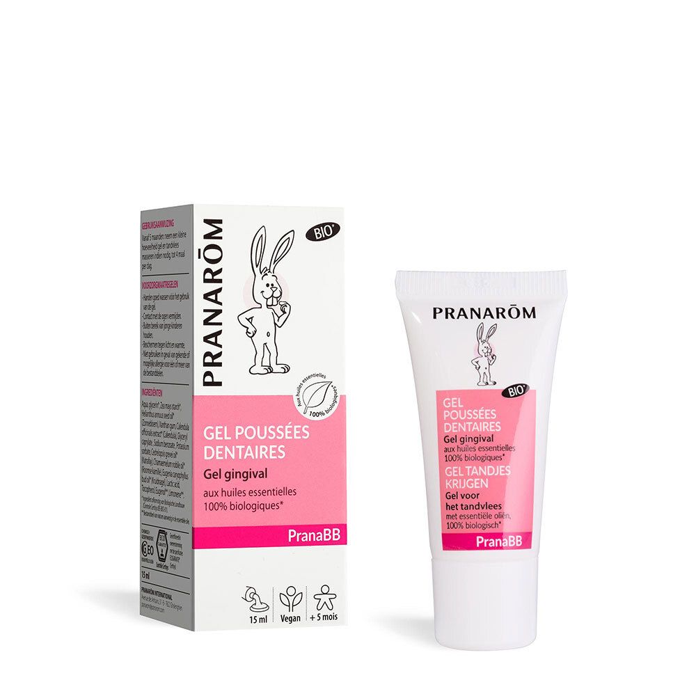 Gel pour poussées dentaires et boîte. Texte et logo. Certification bio. Couleurs rose et blanc.