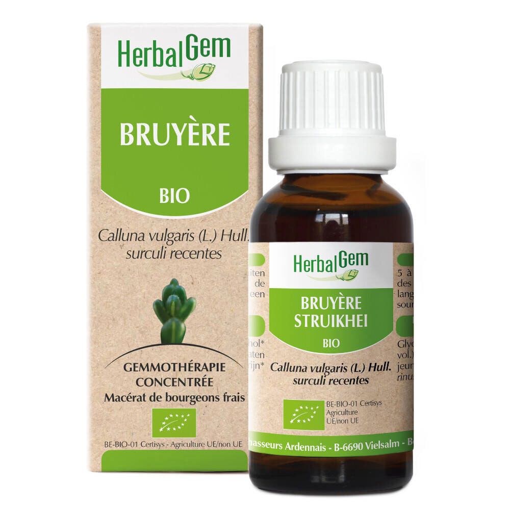 Flacon en verre brun avec bouchon blanc et boîte. Inscription: HerbalGem Bruyère Bio. Contient des ingrédients.
