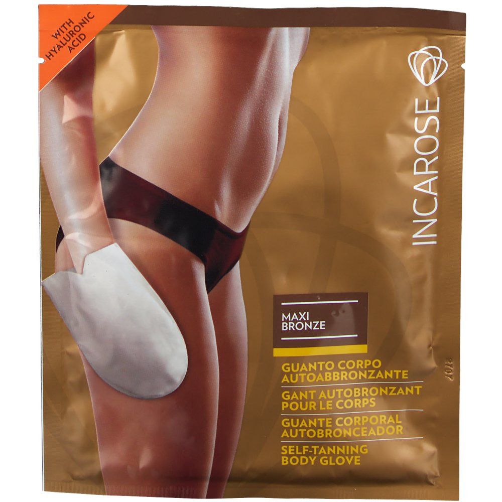 Verpackung mit Selbstbräuner-Handschuh. Aufdruck: Incarose, Maxi Bronze. Enthält Hyaluronsäure. Gezeigt: Körper einer Frau mit Handschuh.