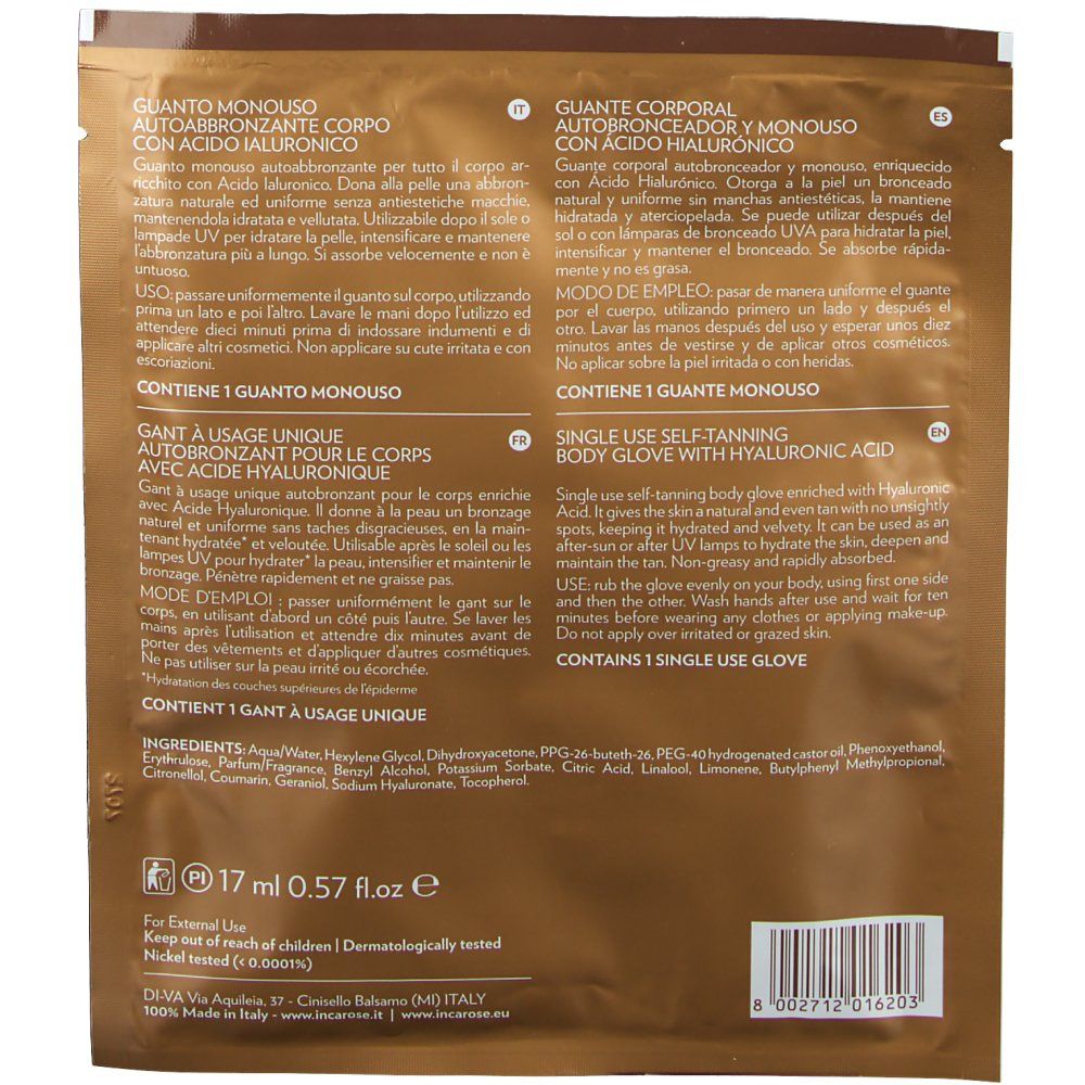 Rückseite der Verpackung mit Produktinformationen. Text in mehreren Sprachen. Enthält einen einzelnen Handschuh. Inhaltsstoffe und Gebrauchsanweisung.