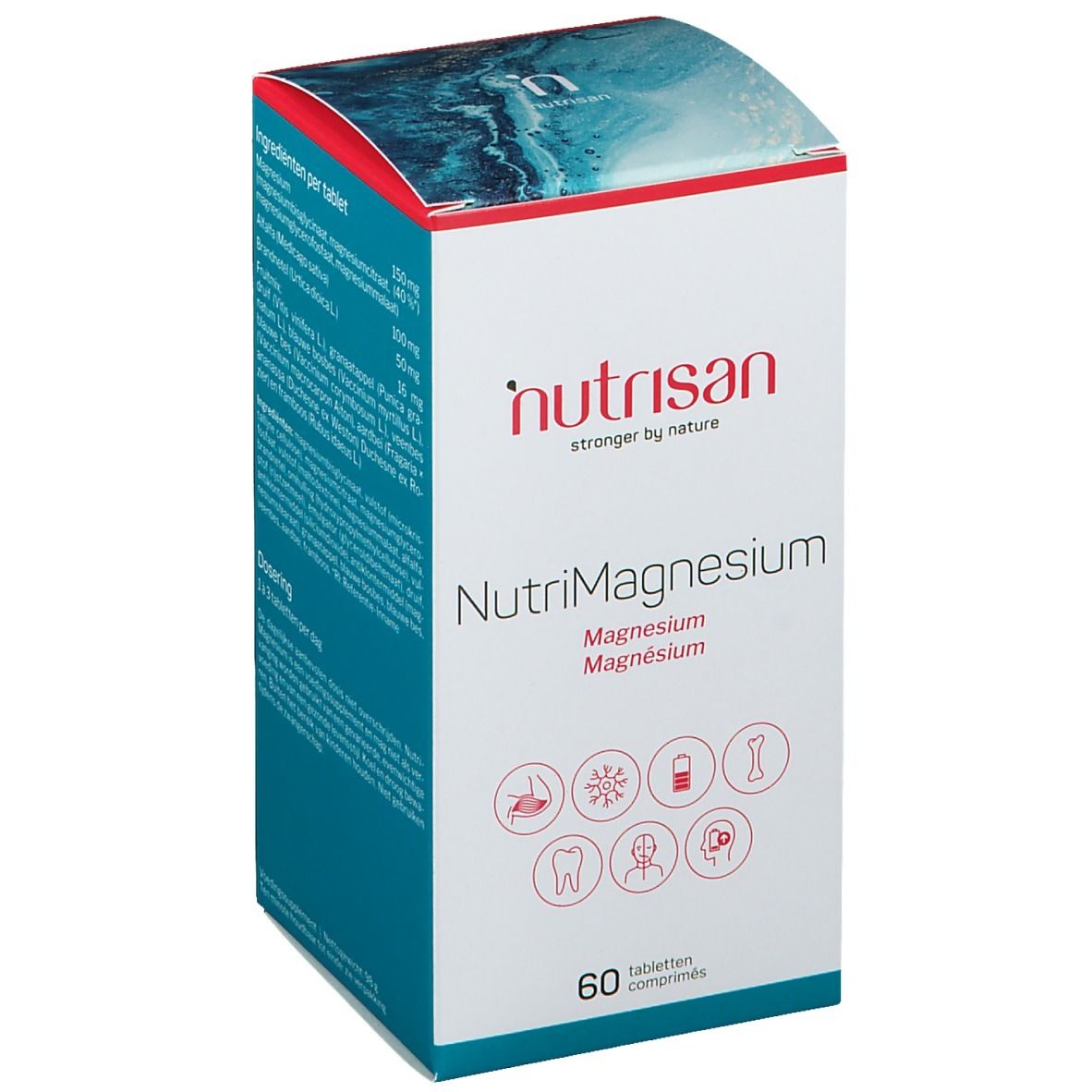 Schachtel mit Nutrisan NutriMagnesium. Enthält 60 Tabletten. Aufschrift: Magnesium, Magnesio, Magnésium.