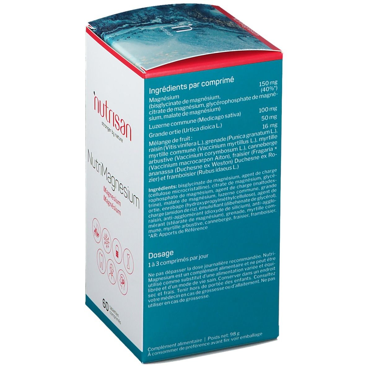 Rückseite der Nutrisan NutriMagnesium-Schachtel. Enthält Inhaltsstoffe und Dosierung. 60 Tabletten.