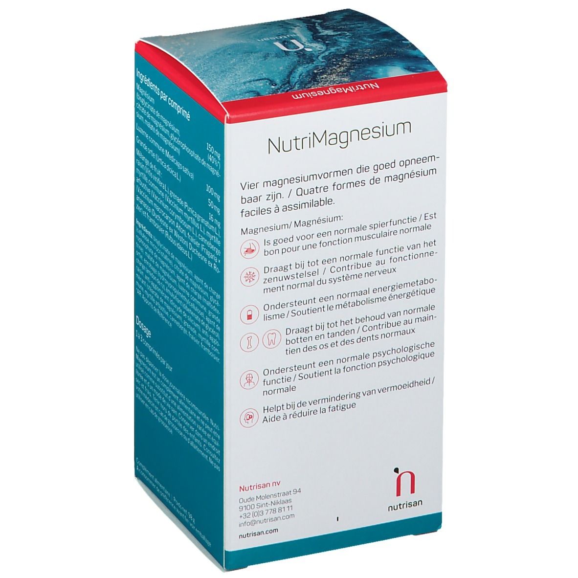 Seite der Nutrisan NutriMagnesium-Schachtel. Informationen über die Vorteile. 60 Tabletten.