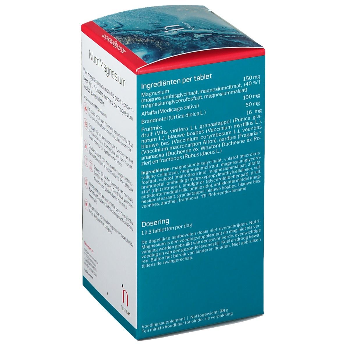 Rückseite der Nutrisan NutriMagnesium-Schachtel. Enthält Inhaltsstoffe und Dosierung. 60 Tabletten.