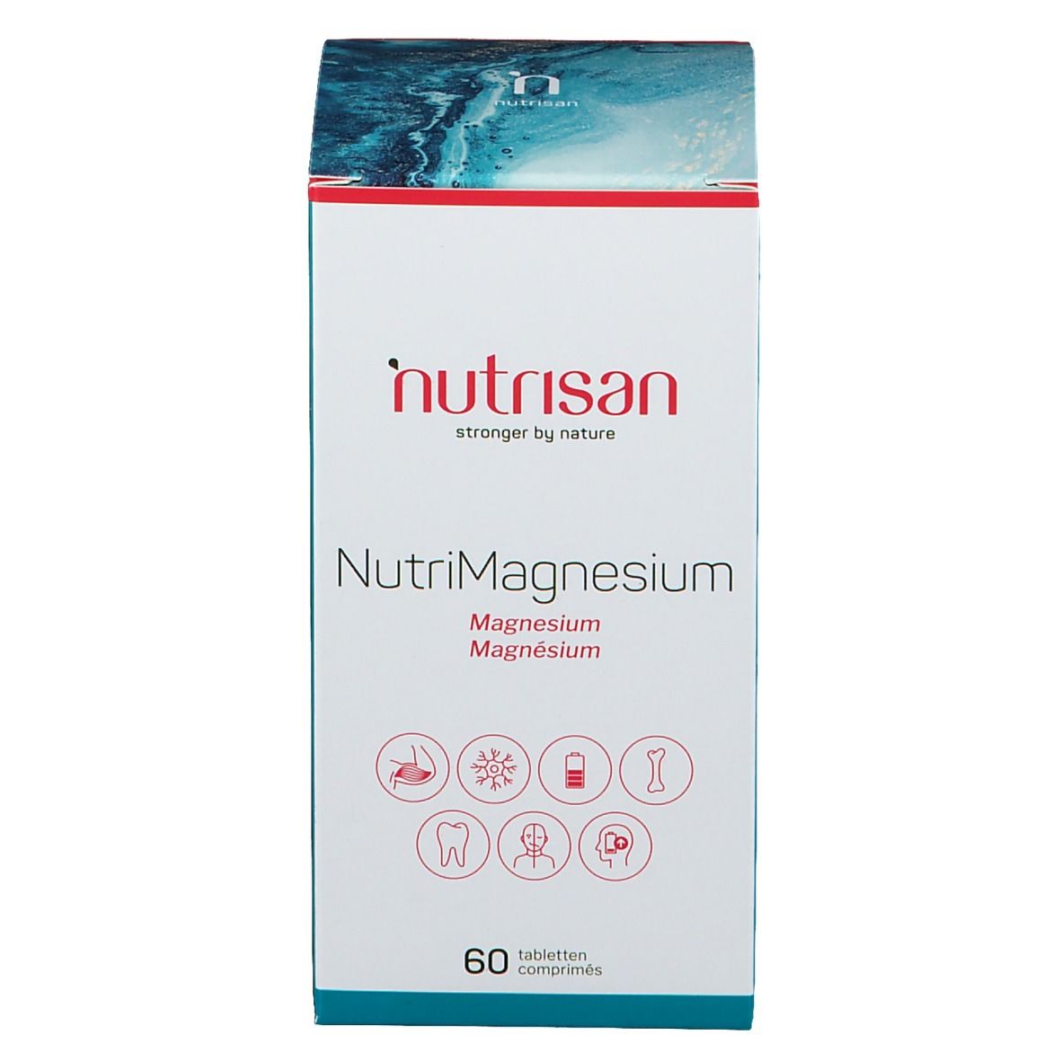 Schachtel mit Nutrisan NutriMagnesium. Enthält 60 Tabletten. Aufschrift: Magnesium, Magnesio, Magnésium.