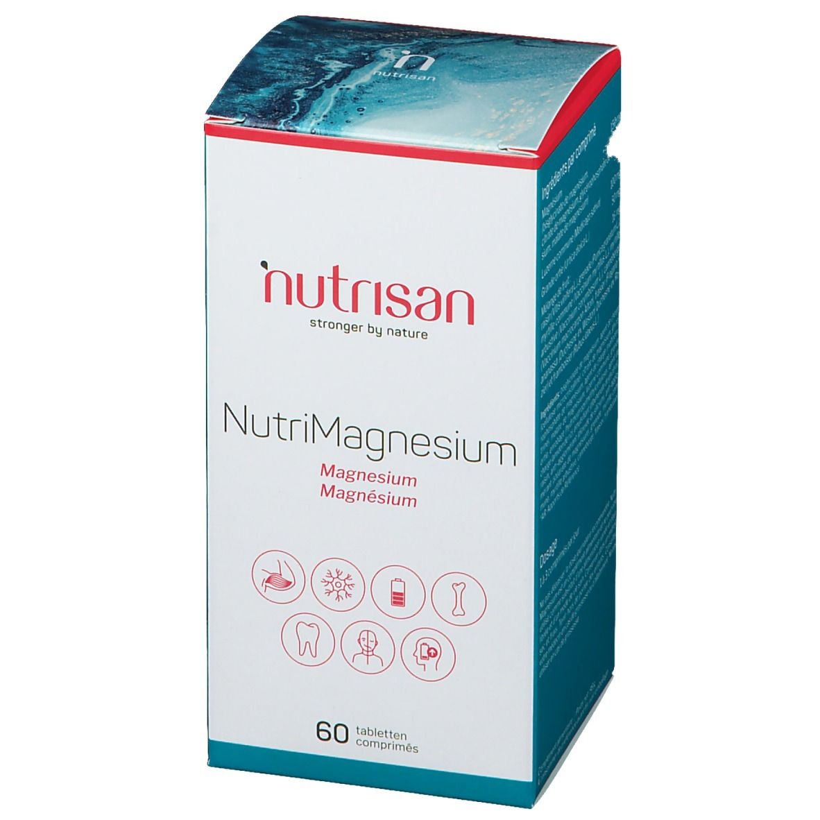 Schachtel mit Nutrisan NutriMagnesium. Enthält 60 Tabletten. Aufschrift: Magnesium, Magnesio, Magnésium.