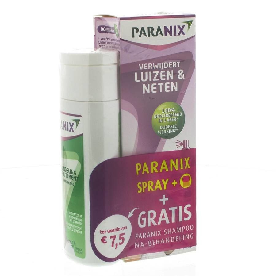 Spray Paranix et emballage. Inscription: 'Verwijdert luizen & neten'. Shampooing Paranix gratuit.