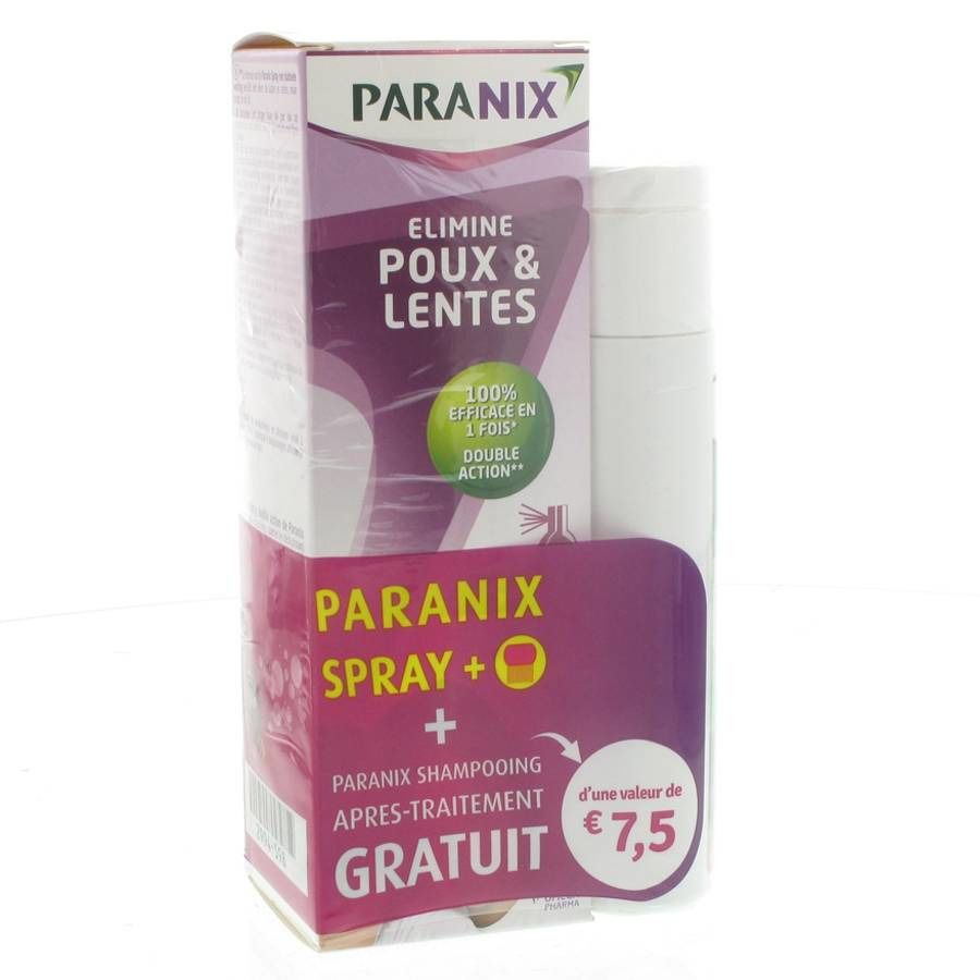 Spray Paranix et emballage. Inscription: 'Elimine poux & lentes'. Shampooing Paranix gratuit.