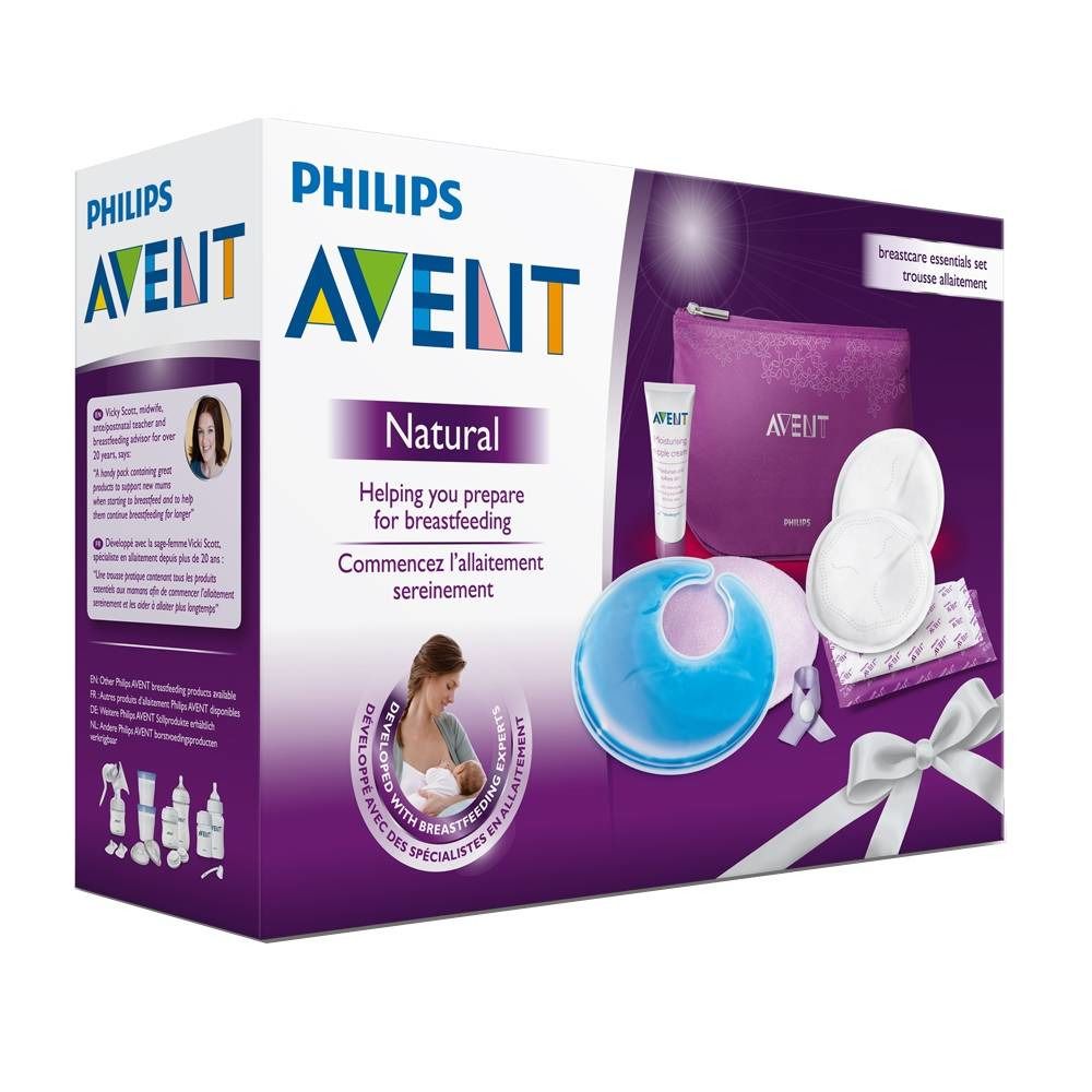 Verpackung des Brustpflege-Starter-Sets. Enthält Pads, Creme, Kühlpads und Tasche. AVENT-Logo und Produktname.