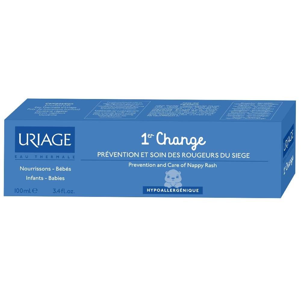 Blaues Uriage-Produkt in rechteckiger Verpackung. Text: 1er Change, Prävention und Pflege bei Windeldermatitis. Hypoallergen.