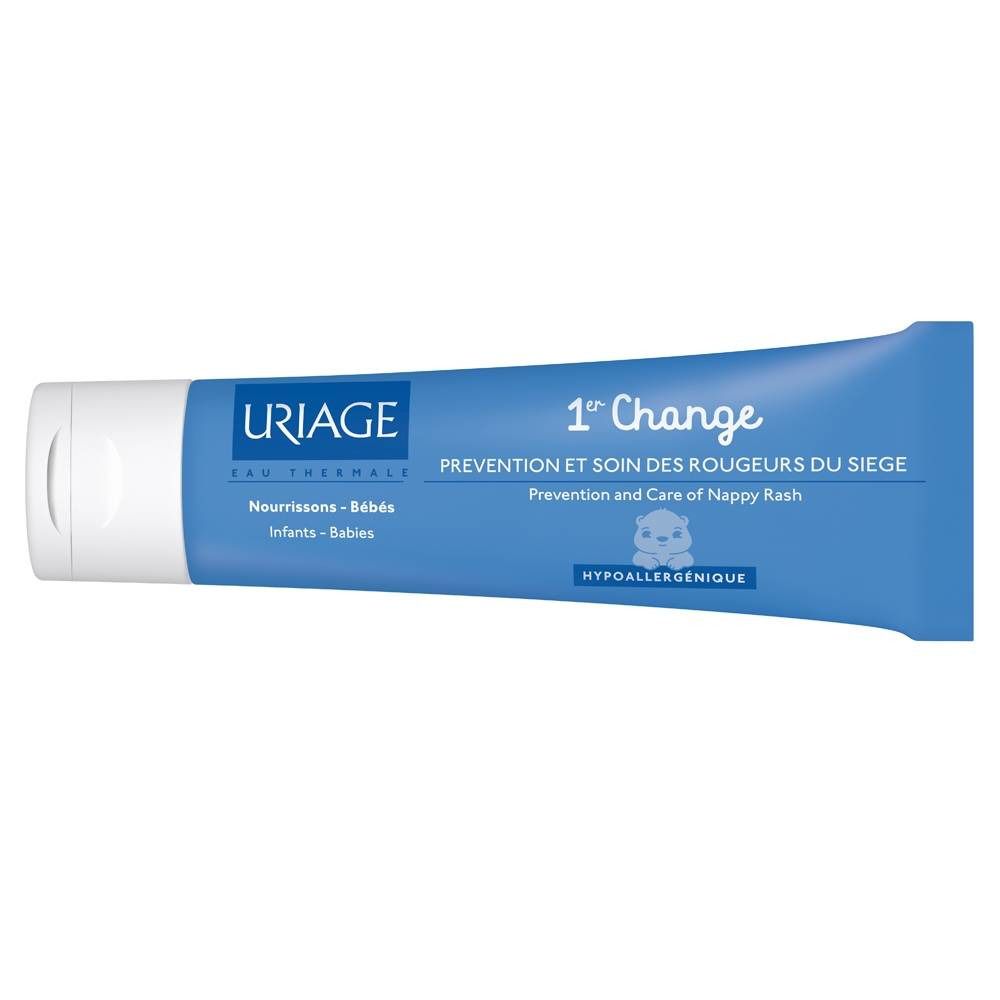 Blaue Tube Uriage 1er Change. Text: Prävention und Pflege bei Windeldermatitis. Hypoallergen. Weißer Schraubverschluss.