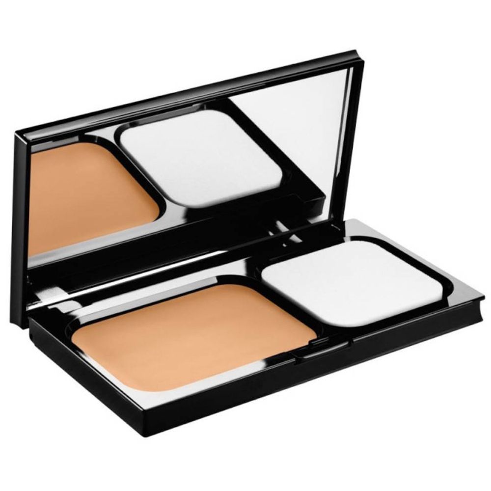 Maquillage crème compact, miroir et éponge. Boîtier noir ouvert. Deux compartiments: maquillage et éponge.