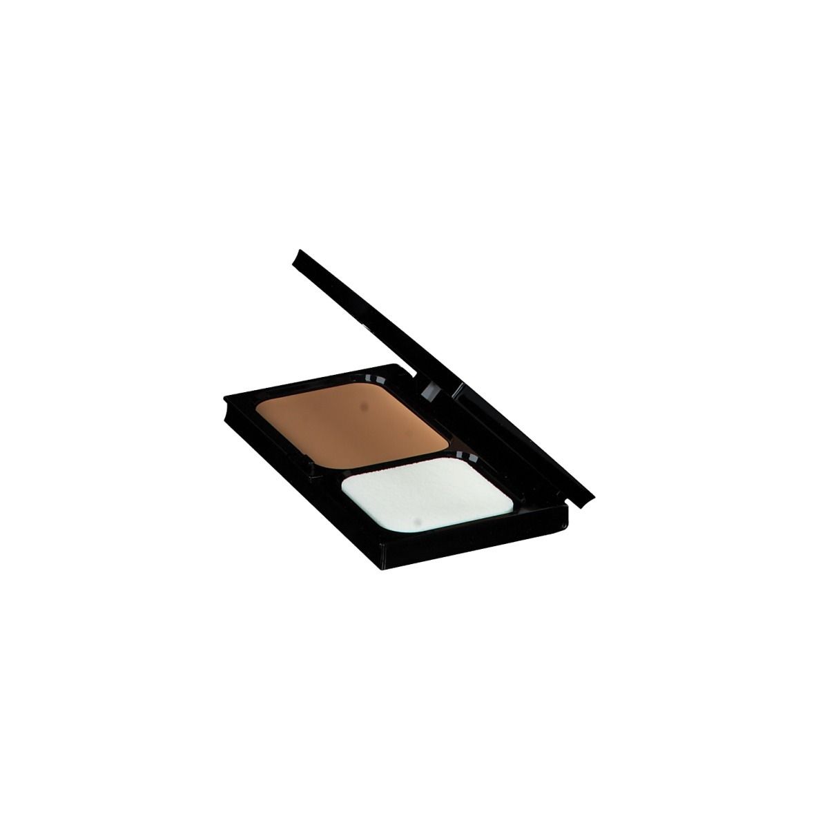 Maquillage crème compact ouvert. Boîtier noir avec maquillage et éponge. Vue en angle.