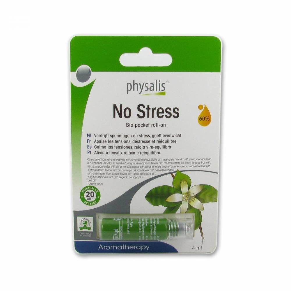 Verpackung mit grünem Roll-on. Aufschrift: physalis No Stress. Aromatherapie. 4 ml.