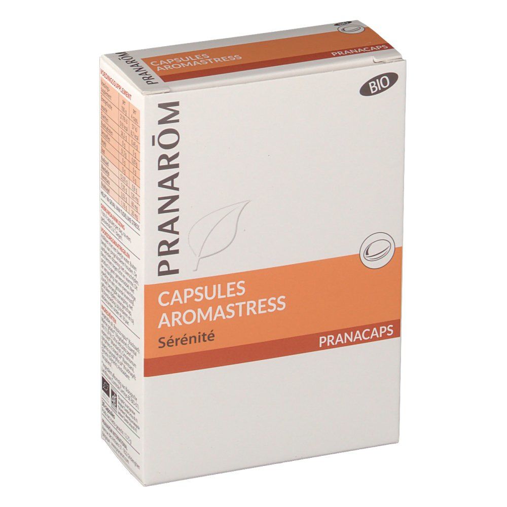 Boîte Pranarom Aromastress Bio. Blanc et orange. Inscriptions : Capsules Aromastress, Sérénité, Pranacaps. Label Bio.