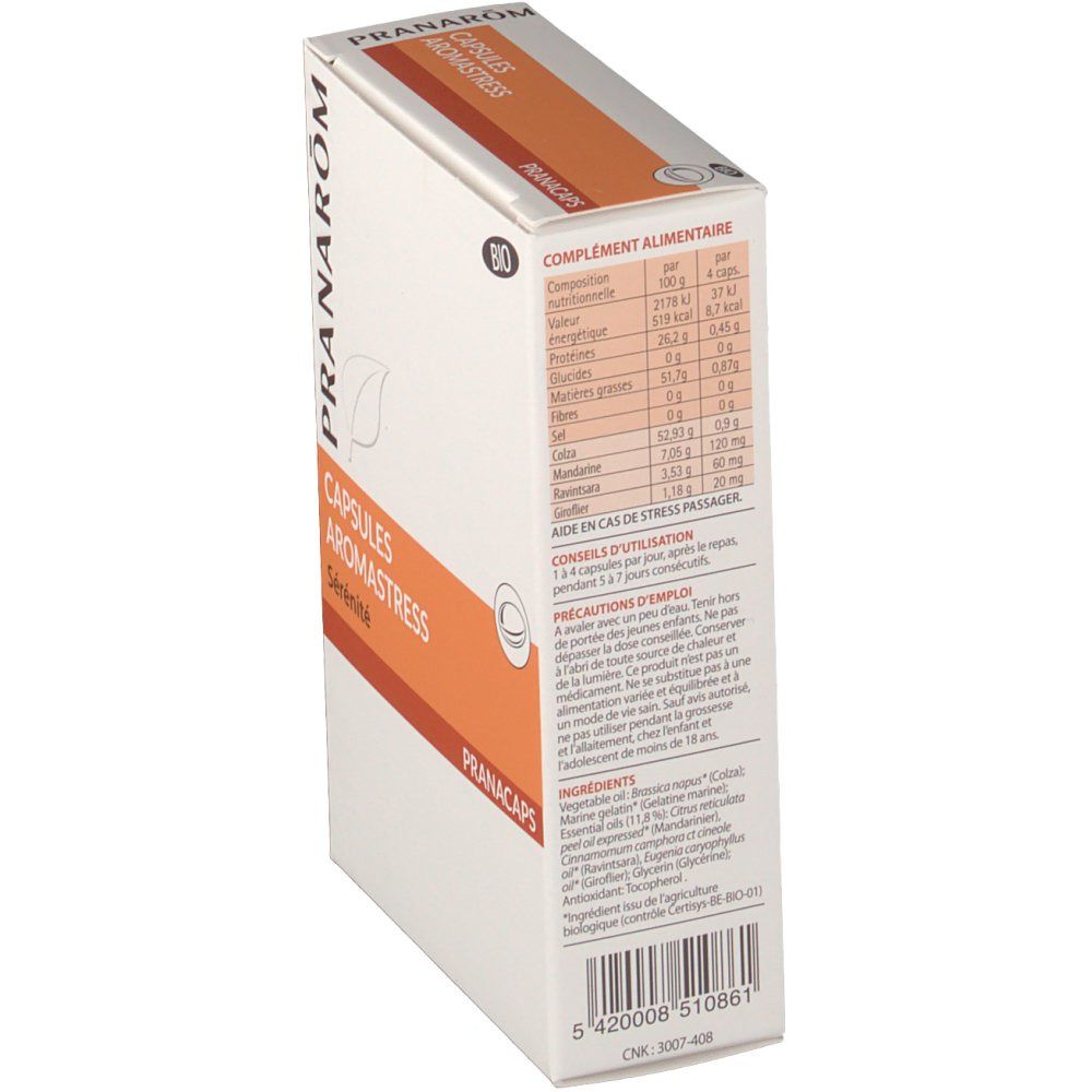 Vue latérale de l'emballage Pranarom Aromastress Bio. Contient des informations nutritionnelles et des ingrédients. Label Bio. Texte en français.