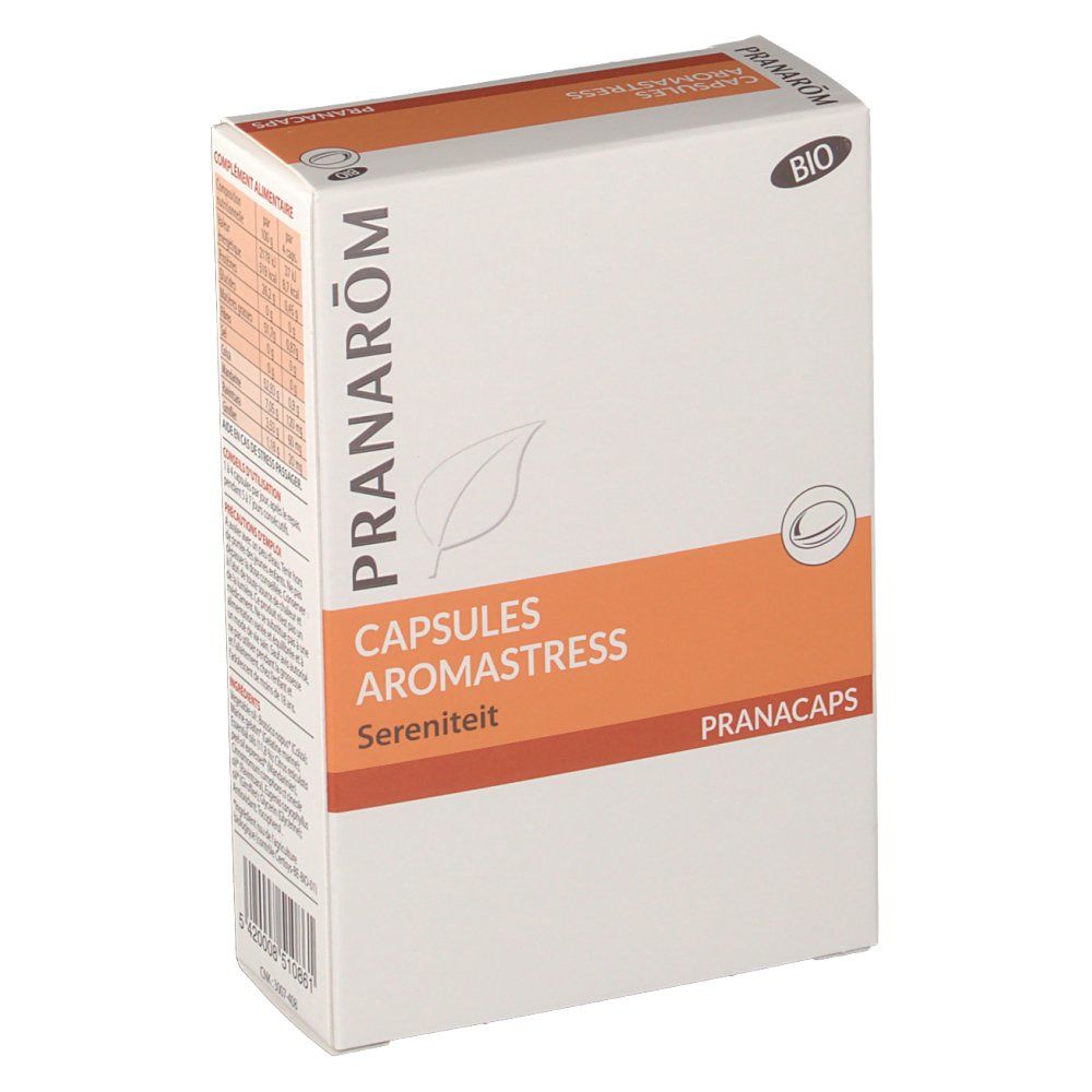 Boîte Pranarom Aromastress Bio. Blanc et orange. Inscriptions : Capsules Aromastress, Sérénité, Pranacaps. Label Bio.