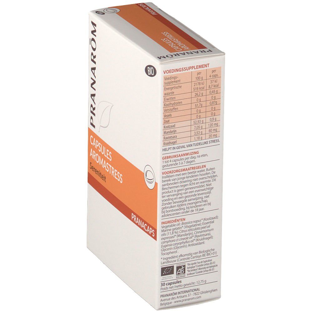 Vue latérale de l'emballage Pranarom Aromastress Bio. Contient des informations nutritionnelles et des ingrédients. Label Bio. Texte en néerlandais.