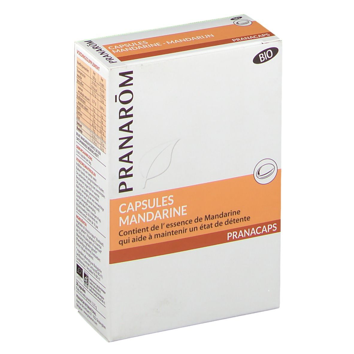 Kapseln Mandarine Box. Pranarom Logo. Bio-Zertifizierung. Enthält Mandarinen-Essenz. PRANACAPS.