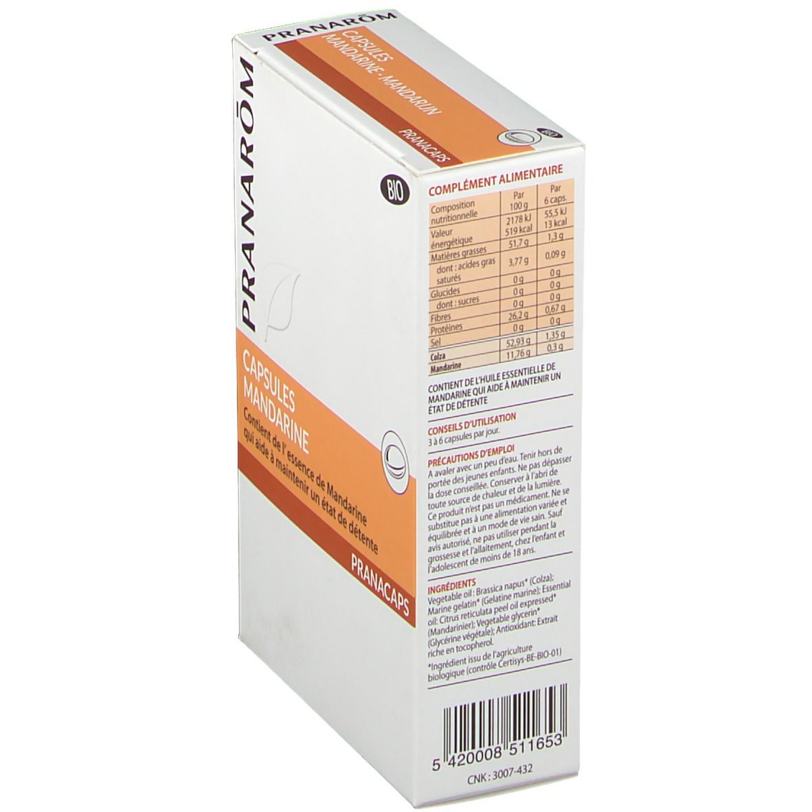 Kapseln Mandarine Box, schräg. Pranarom Logo. Bio-Zertifizierung. Nährwertangaben. Enthält Mandarinen-Essenz. PRANACAPS.