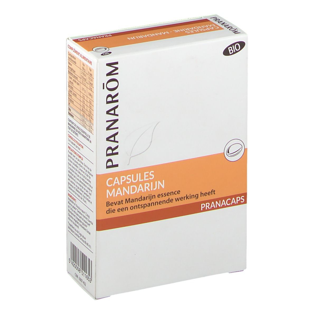 Kapseln Mandarijn Box. Pranarom Logo. Bio-Zertifizierung. Enthält Mandarijn Essenz. PRANACAPS.