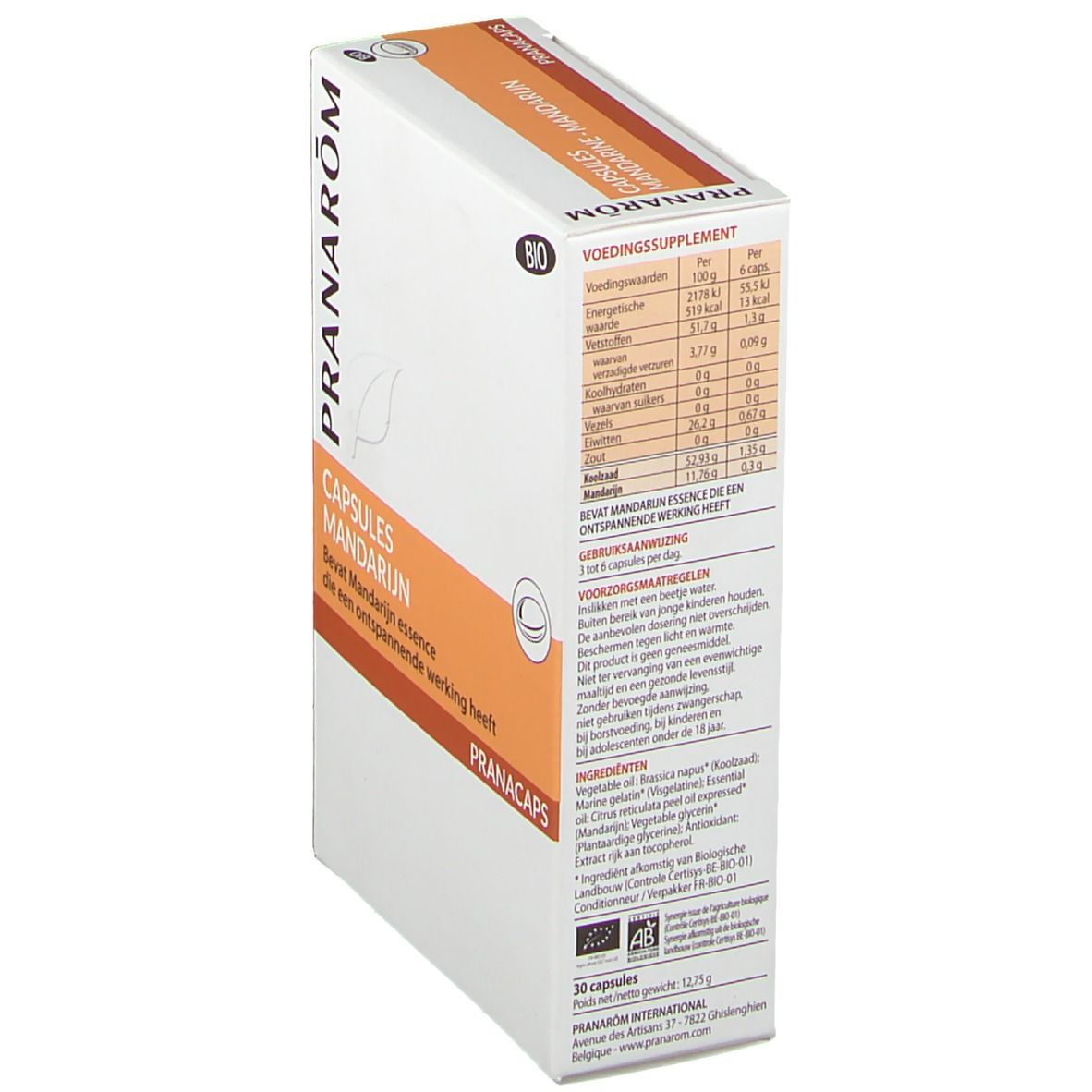 Kapseln Mandarijn Box, schräg. Pranarom Logo. Bio-Zertifizierung. Nährwertangaben. Enthält Mandarijn Essenz. PRANACAPS.