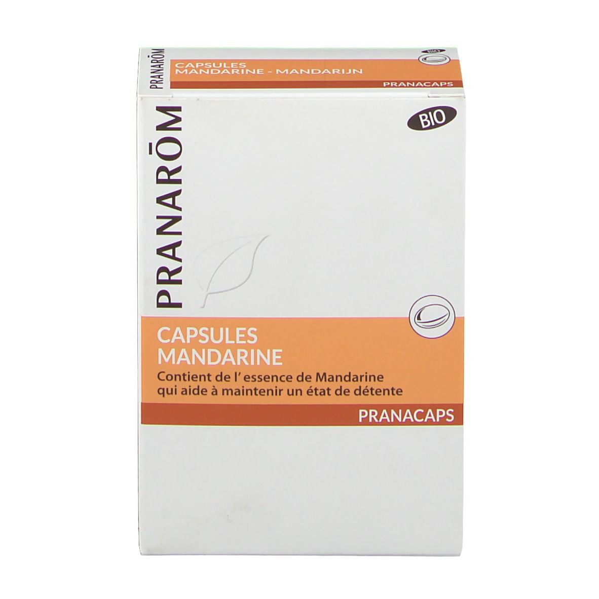 Kapseln Mandarine Box. Pranarom Logo. Bio-Zertifizierung. Enthält Mandarinen-Essenz. PRANACAPS.