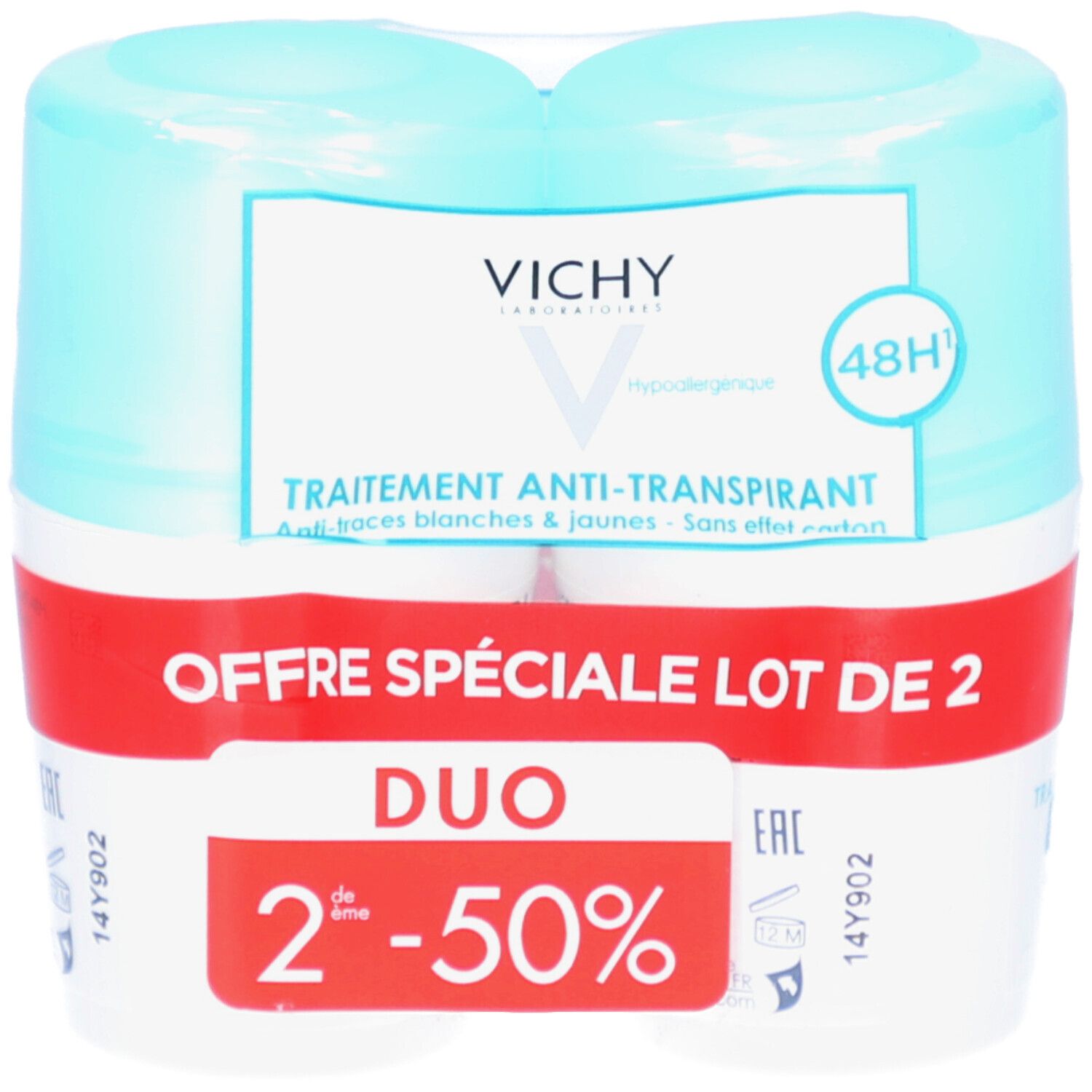 Vichy Anti-Transpirant 48H, Duo-Pack. Zwei Roll-ons in Folie verpackt. Rote Aufschrift 'Offre Spéciale Lot de 2'. Blaue und weiße Verpackung.