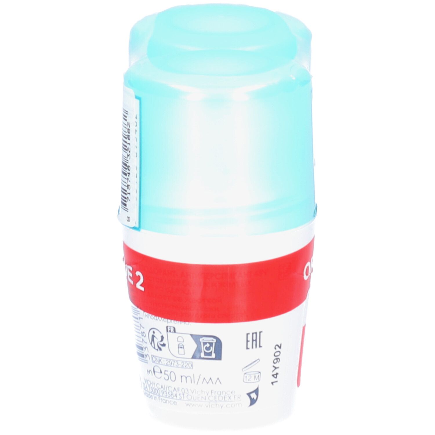 Vichy Anti-Transpirant 48H Roll-on. Einzelne Flasche in Folie. Blaue Kappe, weißer Behälter mit rotem Streifen. Text auf Französisch und Niederländisch.