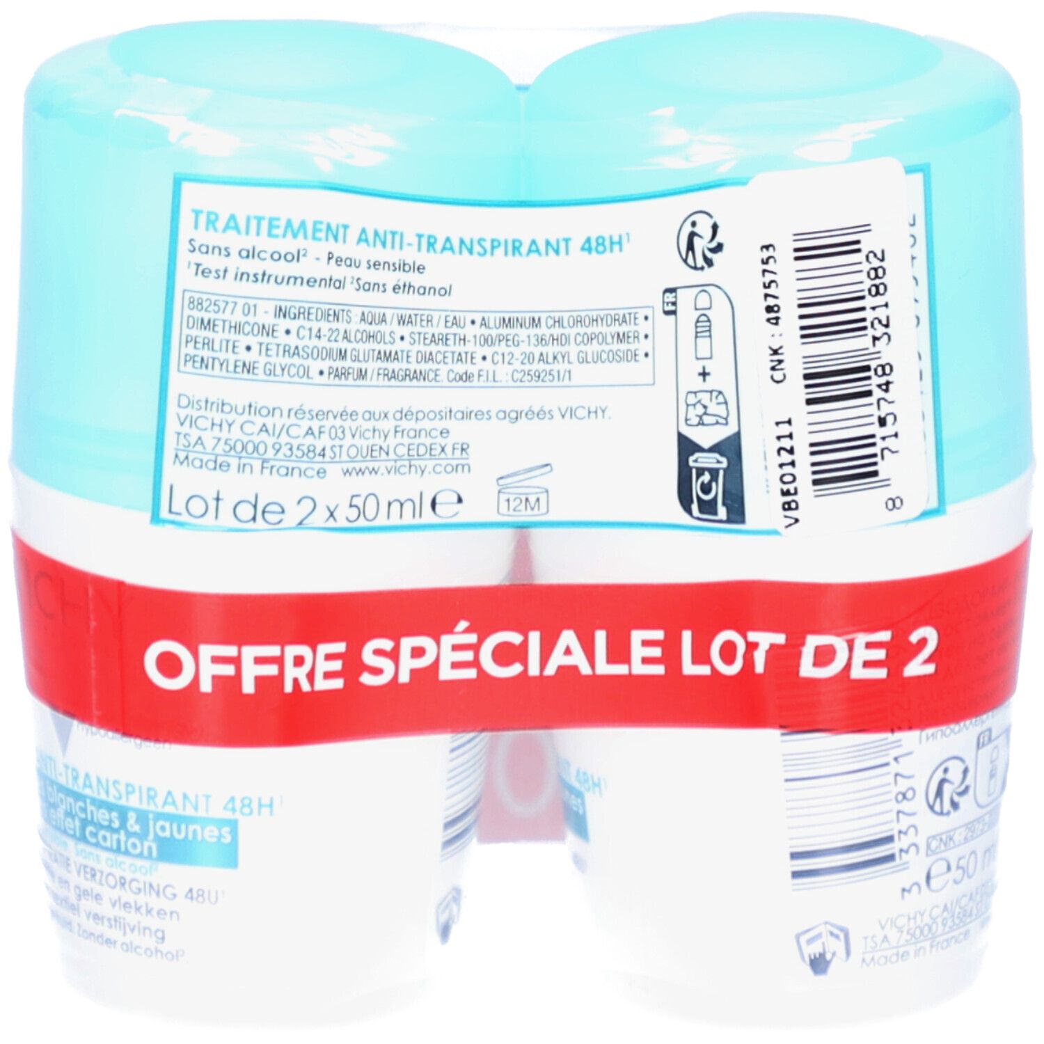 Vichy Anti-Transpirant 48H, Duo-Pack. Zwei Roll-ons in Folie verpackt. Rote Aufschrift 'Offre Spéciale Lot de 2'. Rückseite mit Inhaltsangaben.