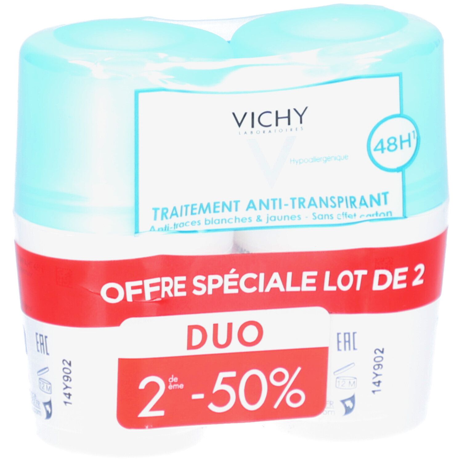 Vichy Anti-Transpirant 48H, Duo-Pack. Zwei Roll-ons in Folie verpackt. Rote Aufschrift 'Offre Spéciale Lot de 2'. Blaue und weiße Verpackung.