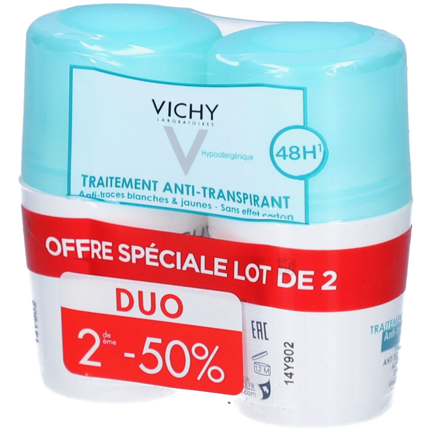 Vichy Anti-Transpirant 48H, Duo-Pack. Zwei Roll-ons in Folie verpackt. Rote Aufschrift 'Offre Spéciale Lot de 2'. Blaue und weiße Verpackung.