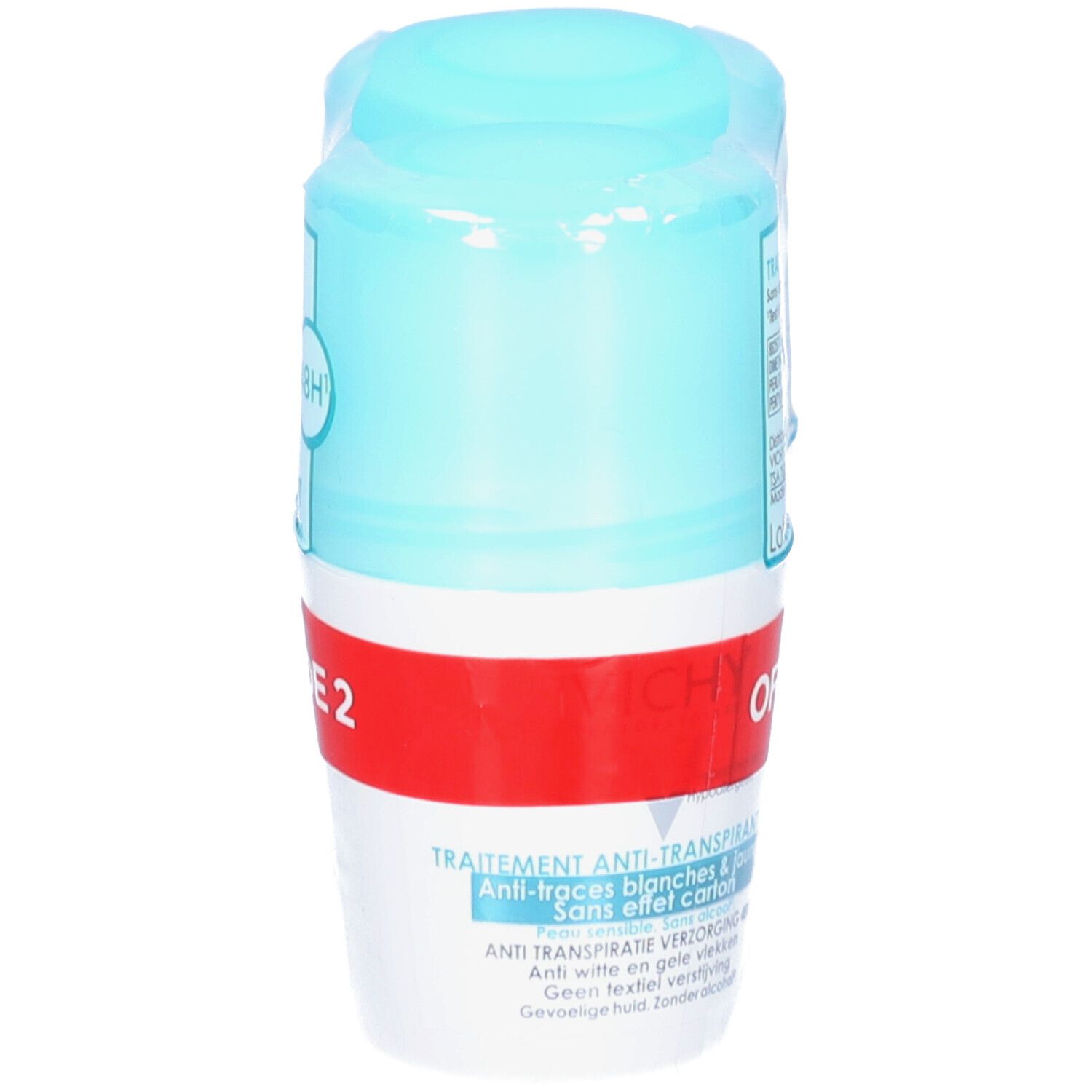 Vichy Anti-Transpirant 48H Roll-on. Einzelne Flasche in Folie. Blaue Kappe, weißer Behälter mit rotem Streifen. Text auf Französisch und Niederländisch.