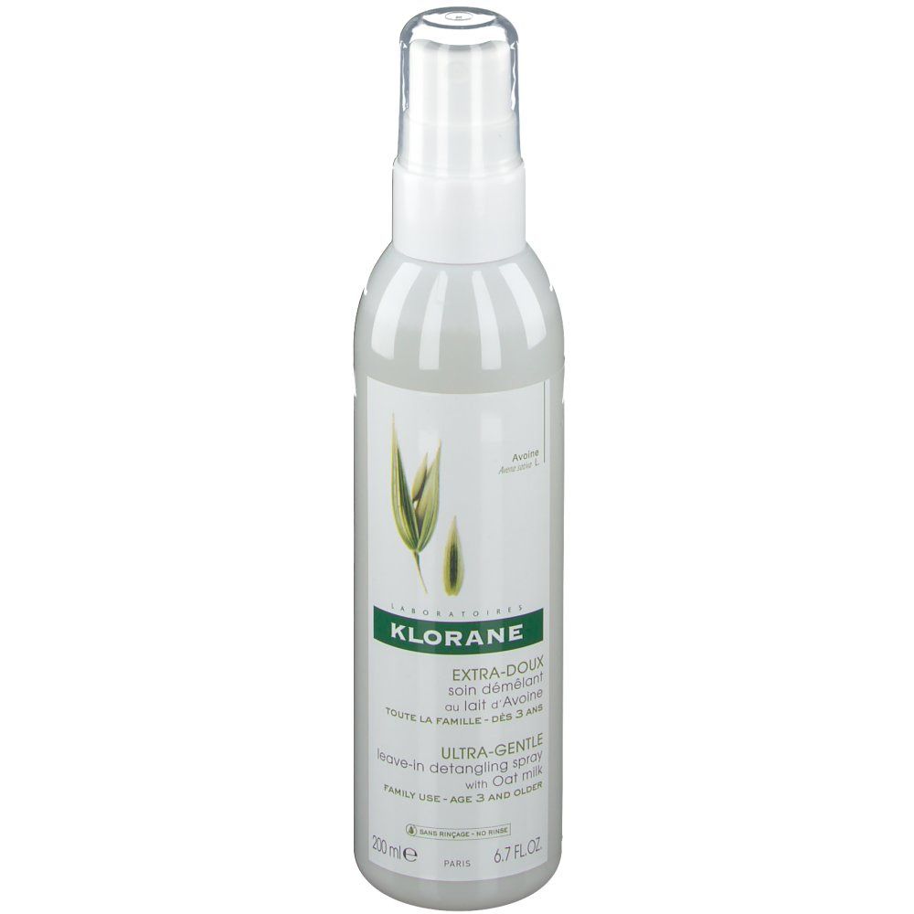 Weiße Sprühflasche mit grünem Etikett. Aufschrift: KLORANE, EXTRA-DOUX, Leave-in Detangling Spray mit Hafermilch.