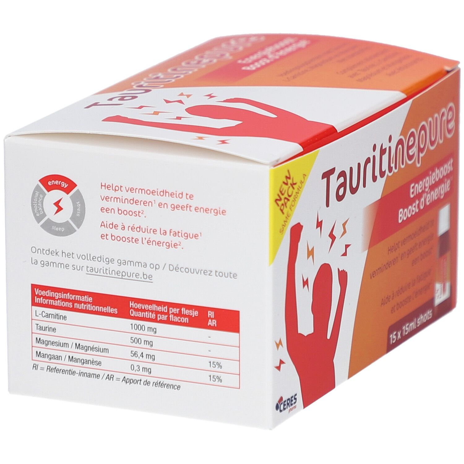 Schachtel Tauritinepure. Enthält Nährwertangaben. Text: Energieboost. Enthält L-Carnitin, Taurin, Magnesium.