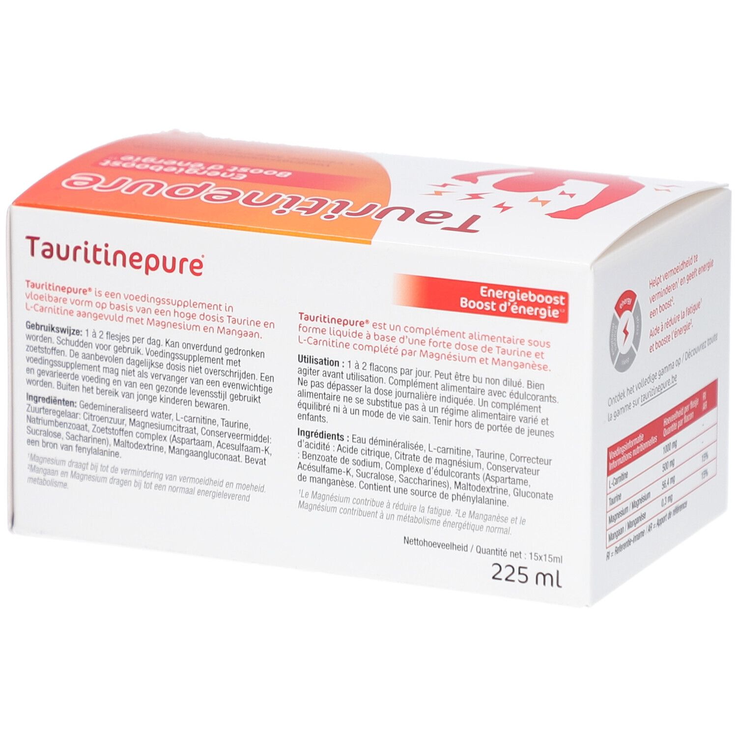 Schachtel Tauritinepure. Text: Energieboost. Enthält 225ml. Enthält L-Carnitin, Taurin, Magnesium.