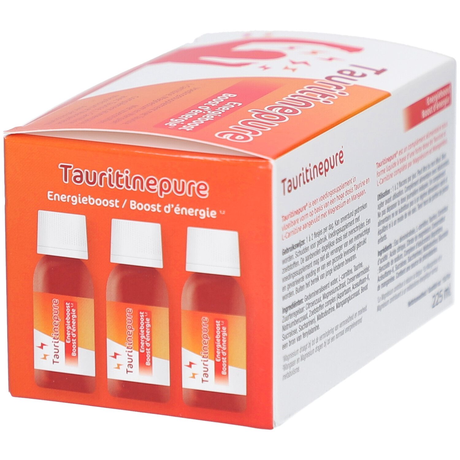 Schachtel Tauritinepure. Enthält 3 Shots. Text: Energieboost. Enthält 225ml. Enthält L-Carnitin, Taurin.