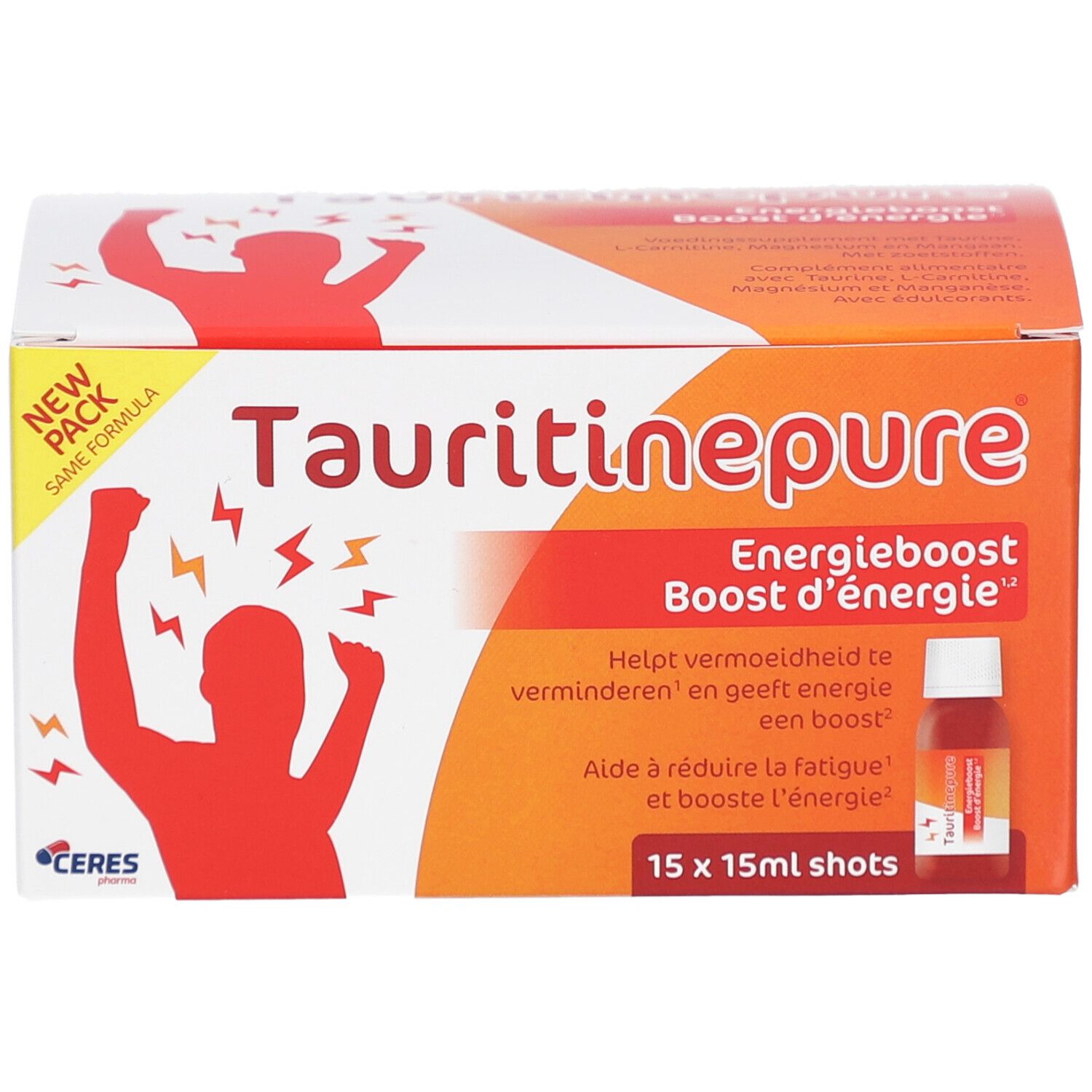 Schachtel Tauritinepure. Text: Energieboost. Enthält 15 Shots. Hilft Müdigkeit zu reduzieren.